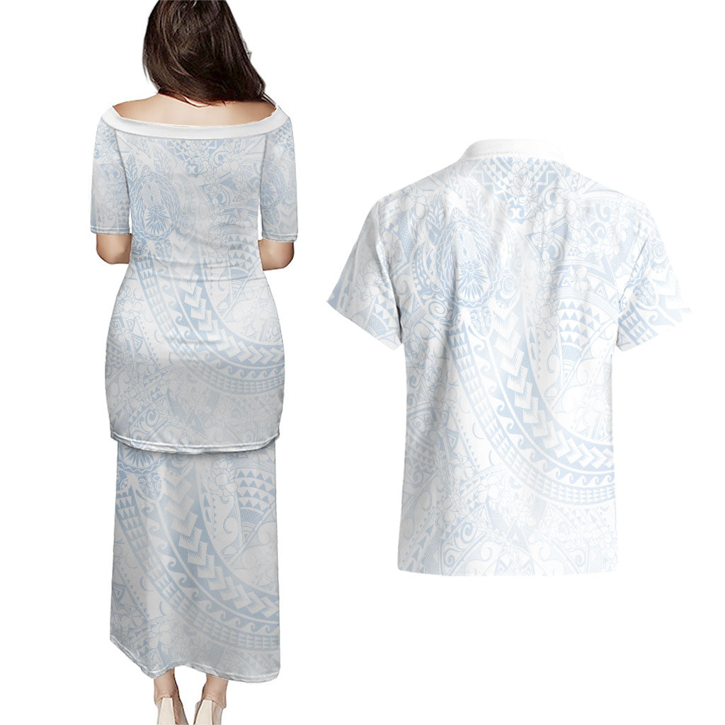 Hawaiian Turtles and Leis Couples Matching Puletasi and Hawaiian Shirt Tribal Kakau Pattern Airy White Blue Cloud Vibe LT03 - Polynesian Pride
