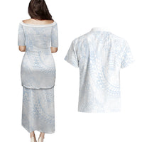 Hawaiian Turtles and Leis Couples Matching Puletasi and Hawaiian Shirt Tribal Kakau Pattern Airy White Blue Cloud Vibe LT03 - Polynesian Pride