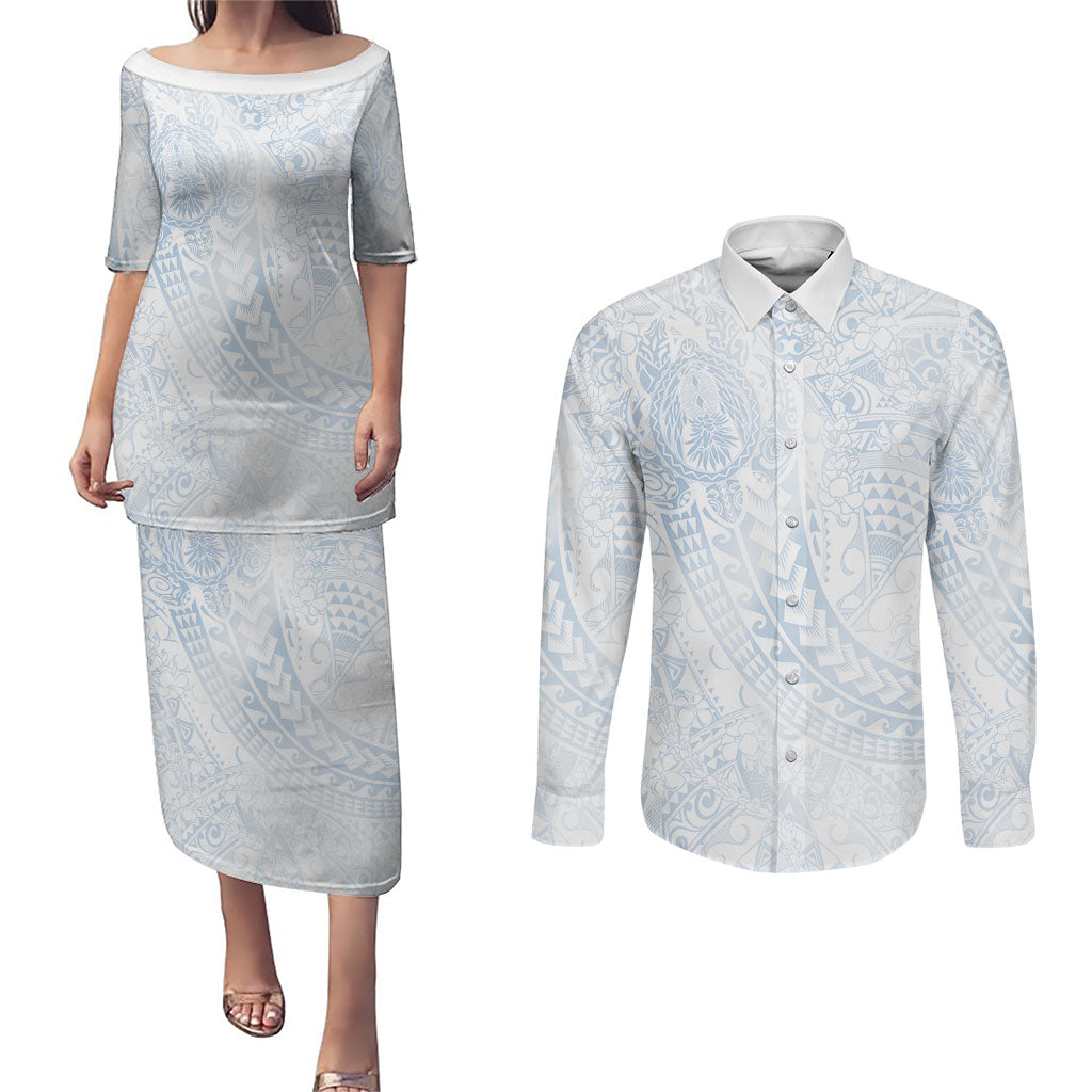 Hawaiian Turtles and Leis Couples Matching Puletasi and Long Sleeve Button Shirt Tribal Kakau Pattern Airy White Blue Cloud Vibe LT03 White - Polynesian Pride