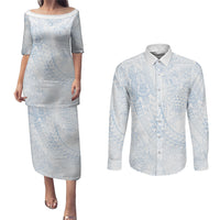 Hawaiian Turtles and Leis Couples Matching Puletasi and Long Sleeve Button Shirt Tribal Kakau Pattern Airy White Blue Cloud Vibe LT03 White - Polynesian Pride