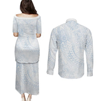 Hawaiian Turtles and Leis Couples Matching Puletasi and Long Sleeve Button Shirt Tribal Kakau Pattern Airy White Blue Cloud Vibe LT03 - Polynesian Pride