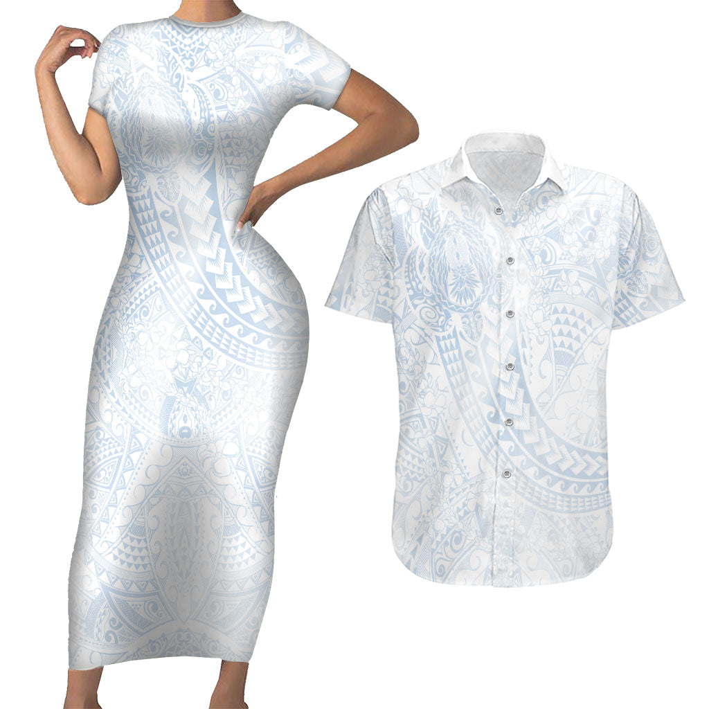 Hawaiian Turtles and Leis Couples Matching Short Sleeve Bodycon Dress and Hawaiian Shirt Tribal Kakau Pattern Airy White Blue Cloud Vibe LT03 White - Polynesian Pride
