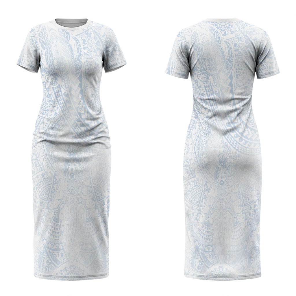 Hawaiian Turtles and Leis Couples Matching Short Sleeve Bodycon Dress and Long Sleeve Button Shirt Tribal Kakau Pattern Airy White Blue Cloud Vibe LT03 - Polynesian Pride