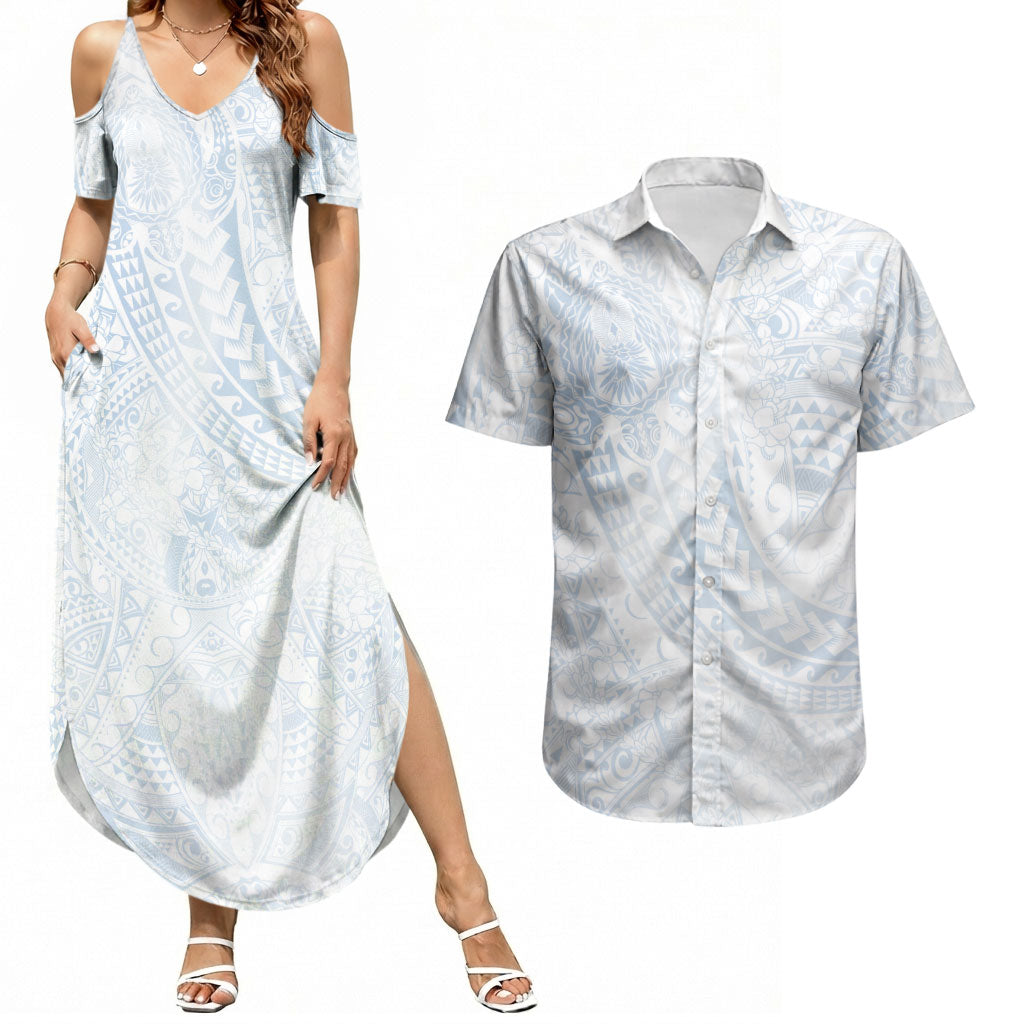 Hawaiian Turtles and Leis Couples Matching Summer Maxi Dress and Hawaiian Shirt Tribal Kakau Pattern Airy White Blue Cloud Vibe LT03 White - Polynesian Pride