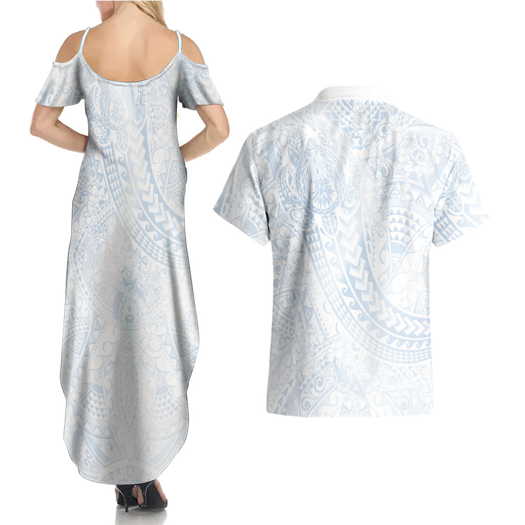 Hawaiian Turtles and Leis Couples Matching Summer Maxi Dress and Hawaiian Shirt Tribal Kakau Pattern Airy White Blue Cloud Vibe LT03 - Polynesian Pride
