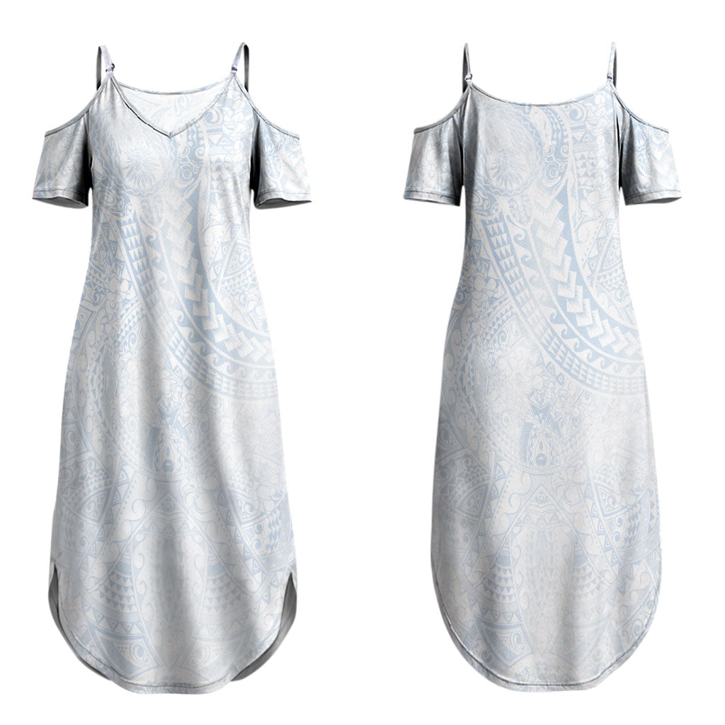 Hawaiian Turtles and Leis Couples Matching Summer Maxi Dress and Hawaiian Shirt Tribal Kakau Pattern Airy White Blue Cloud Vibe LT03 - Polynesian Pride