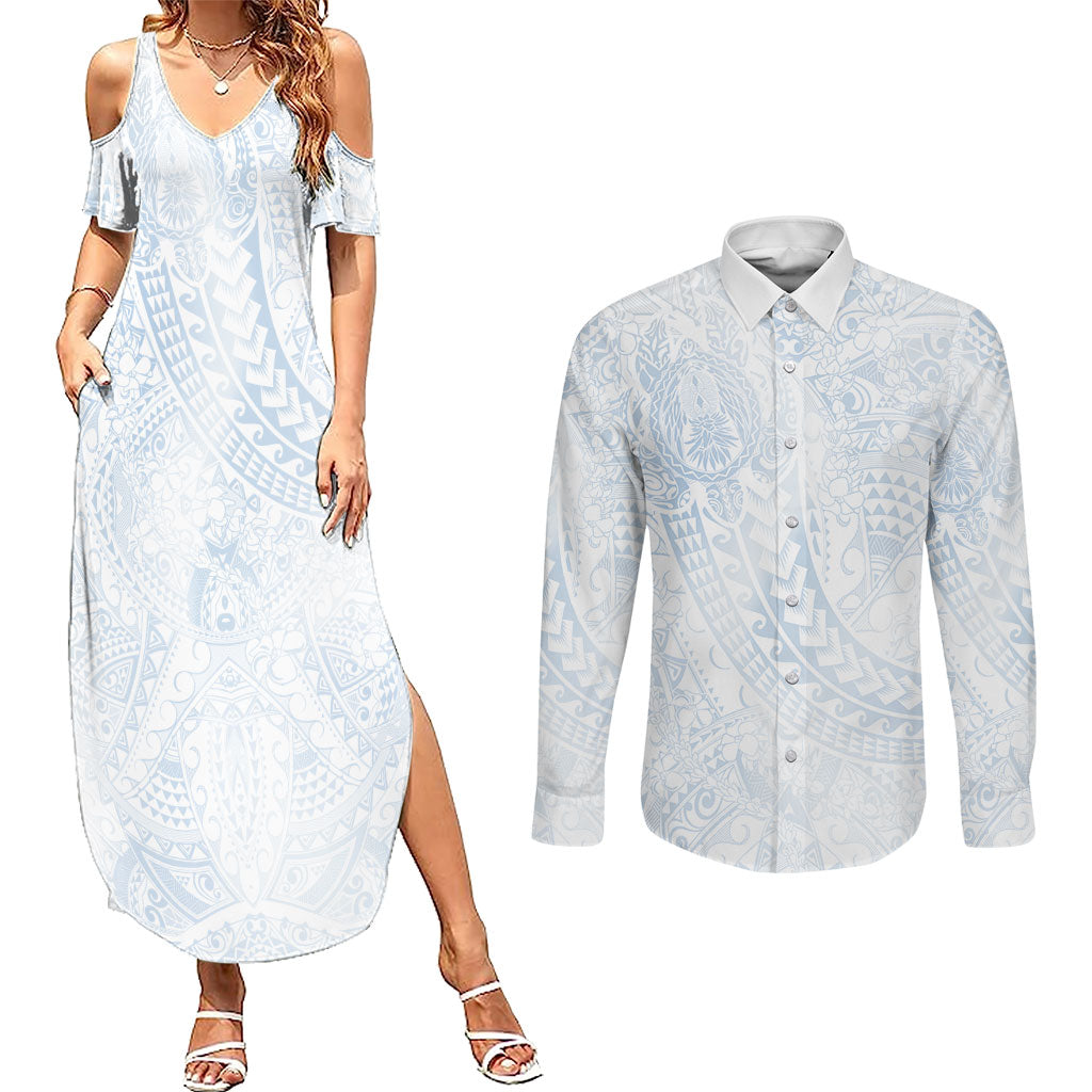 Hawaiian Turtles and Leis Couples Matching Summer Maxi Dress and Long Sleeve Button Shirt Tribal Kakau Pattern Airy White Blue Cloud Vibe LT03 White - Polynesian Pride