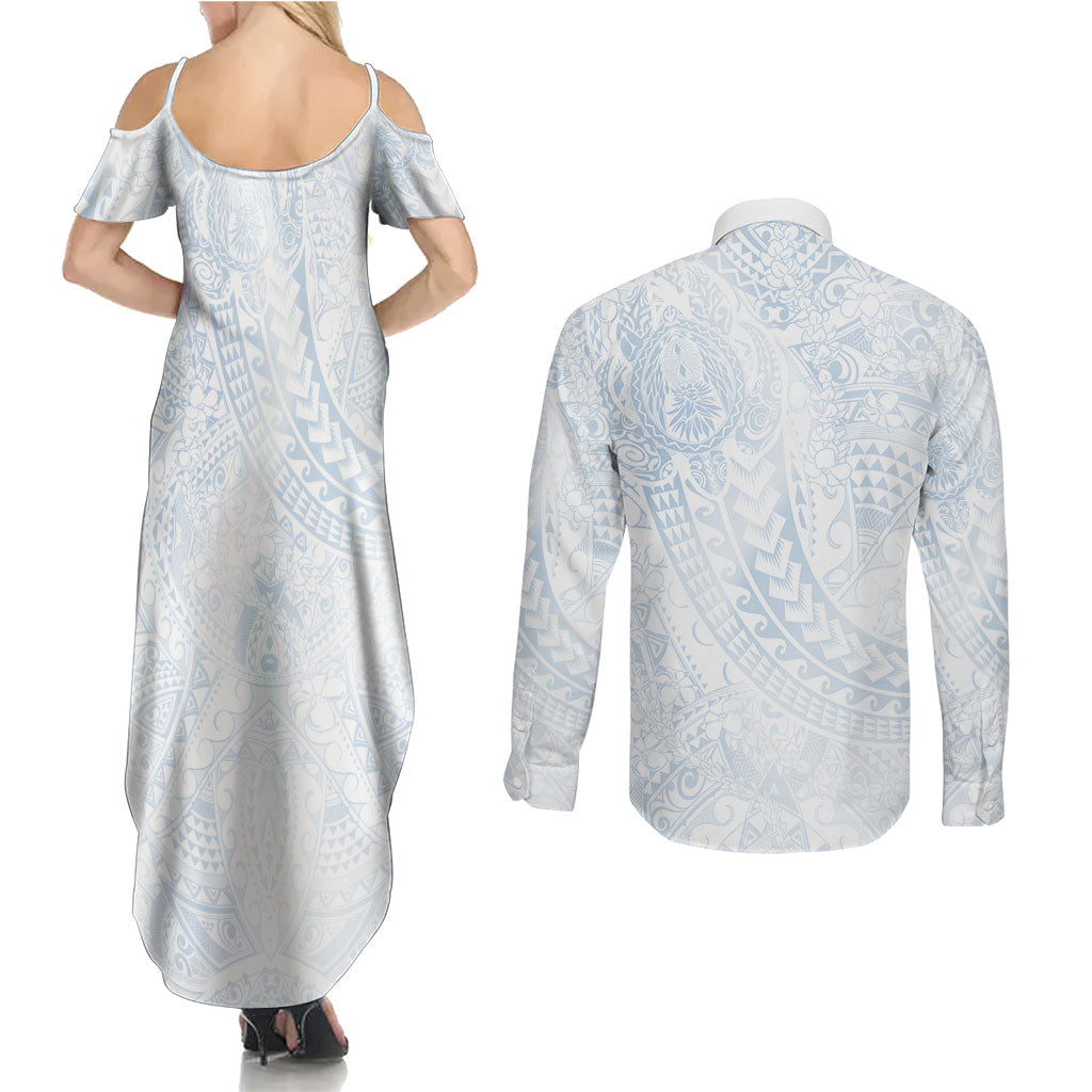 Hawaiian Turtles and Leis Couples Matching Summer Maxi Dress and Long Sleeve Button Shirt Tribal Kakau Pattern Airy White Blue Cloud Vibe LT03 - Polynesian Pride