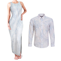 Hawaiian Turtles and Leis Couples Matching Tank Maxi Dress and Long Sleeve Button Shirt Tribal Kakau Pattern Airy White Blue Cloud Vibe LT03 White - Polynesian Pride