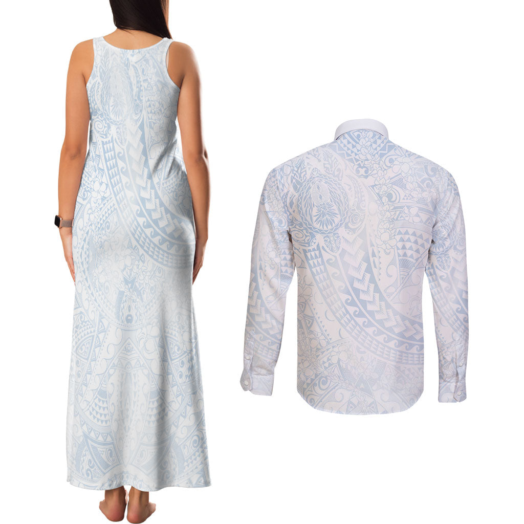Hawaiian Turtles and Leis Couples Matching Tank Maxi Dress and Long Sleeve Button Shirt Tribal Kakau Pattern Airy White Blue Cloud Vibe LT03 - Polynesian Pride