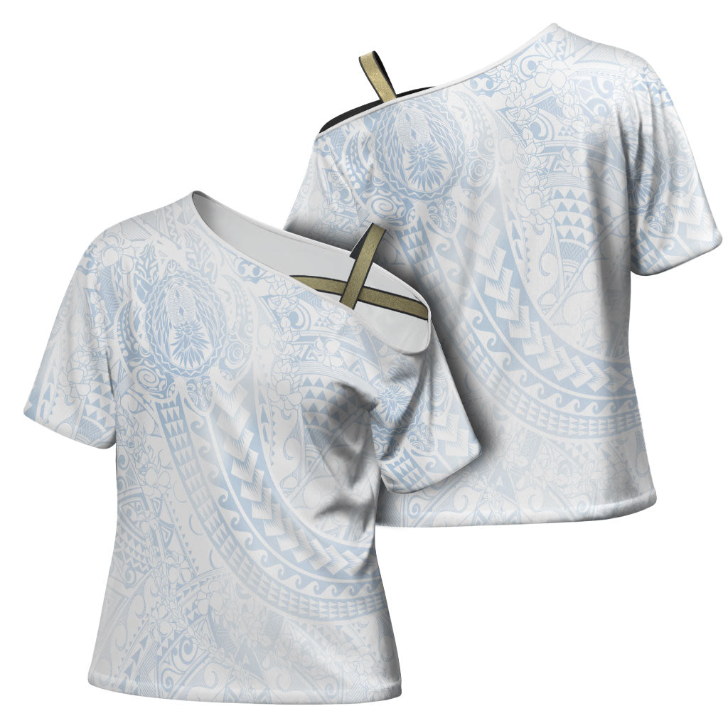 Hawaiian Turtles and Leis Cross Shoulder Shirt Tribal Kakau Pattern Airy White Blue Cloud Vibe LT03 - Polynesian Pride