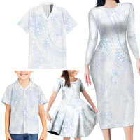 Hawaiian Turtles and Leis Family Matching Long Sleeve Bodycon Dress and Hawaiian Shirt Tribal Kakau Pattern Airy White Blue Cloud Vibe LT03 - Polynesian Pride