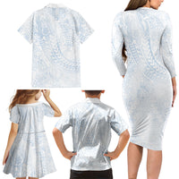 Hawaiian Turtles and Leis Family Matching Long Sleeve Bodycon Dress and Hawaiian Shirt Tribal Kakau Pattern Airy White Blue Cloud Vibe LT03 - Polynesian Pride
