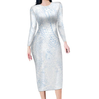 Hawaiian Turtles and Leis Family Matching Long Sleeve Bodycon Dress and Hawaiian Shirt Tribal Kakau Pattern Airy White Blue Cloud Vibe LT03 Mom's Dress White - Polynesian Pride