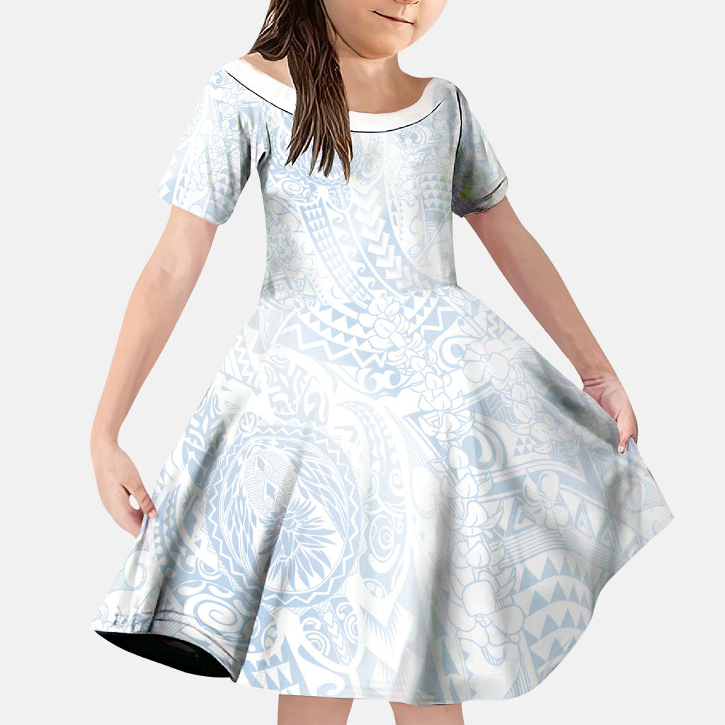 Hawaiian Turtles and Leis Family Matching Mermaid Dress and Hawaiian Shirt Tribal Kakau Pattern Airy White Blue Cloud Vibe LT03 Daughter's Dress White - Polynesian Pride