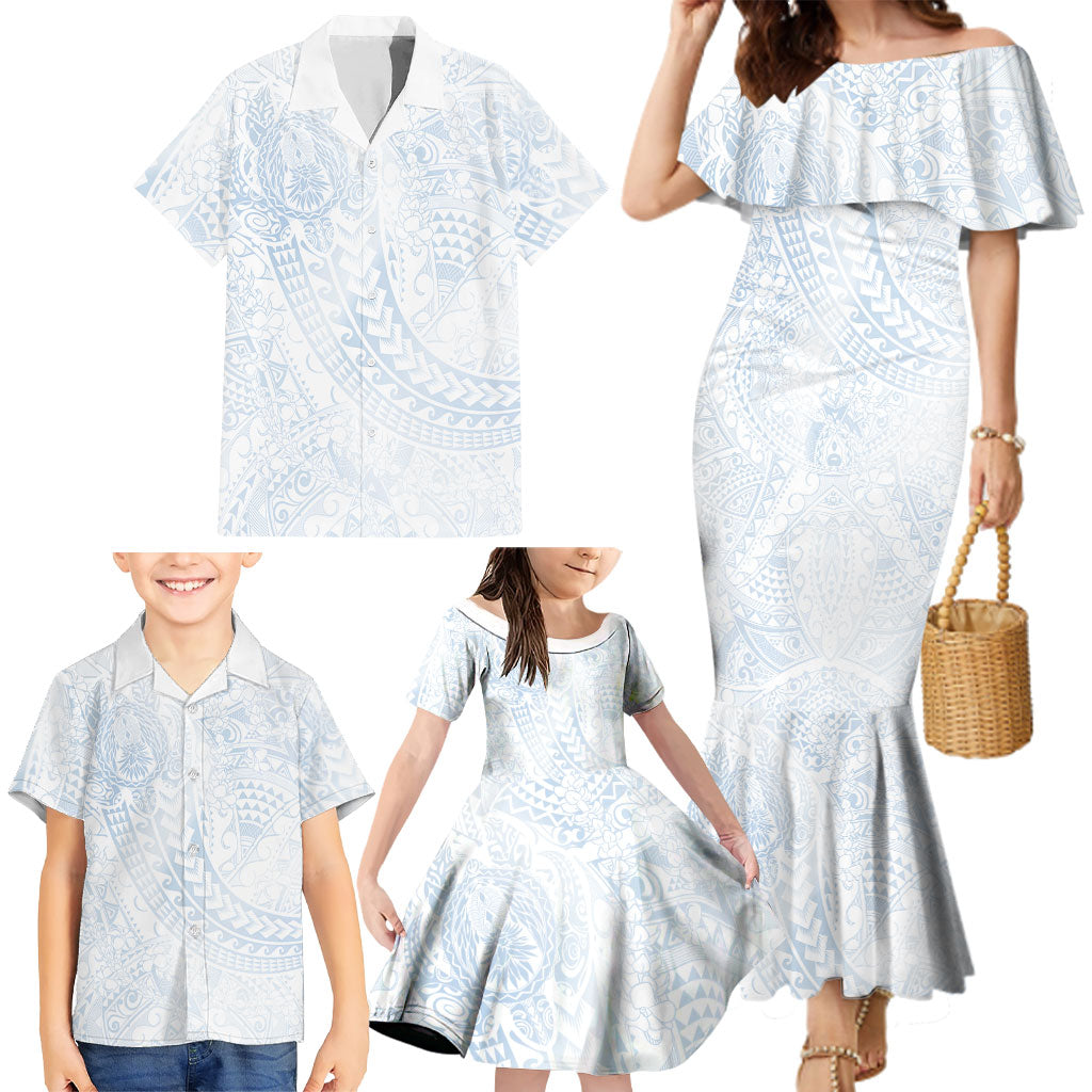 Hawaiian Turtles and Leis Family Matching Mermaid Dress and Hawaiian Shirt Tribal Kakau Pattern Airy White Blue Cloud Vibe LT03 - Polynesian Pride