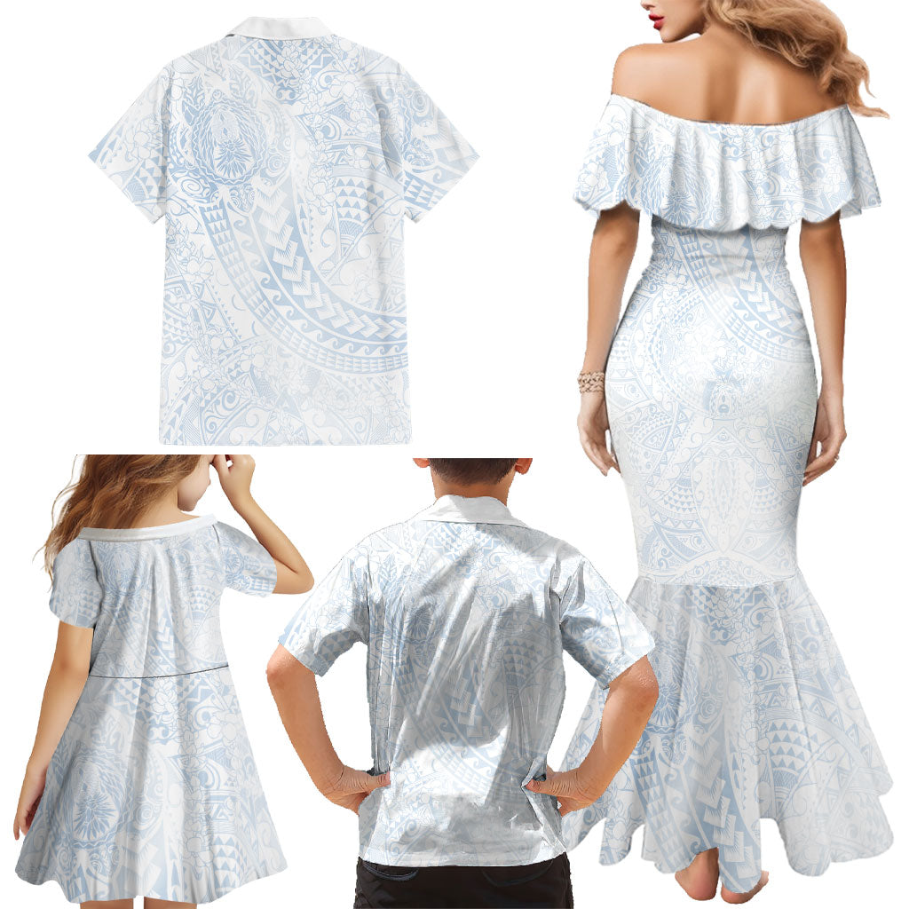 Hawaiian Turtles and Leis Family Matching Mermaid Dress and Hawaiian Shirt Tribal Kakau Pattern Airy White Blue Cloud Vibe LT03 - Polynesian Pride