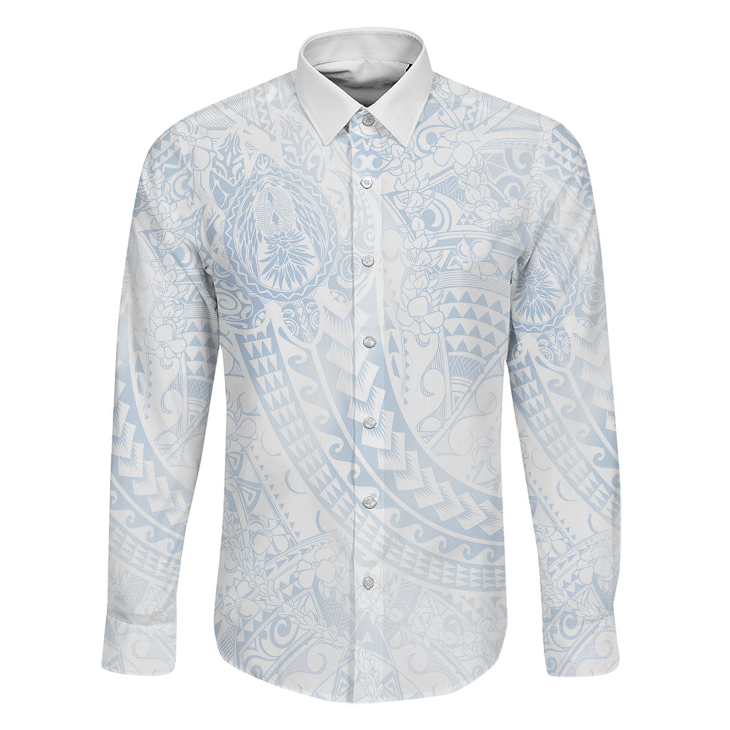 Hawaiian Turtles and Leis Family Matching Mermaid Dress and Hawaiian Shirt Tribal Kakau Pattern Airy White Blue Cloud Vibe LT03 Dad's Shirt - Long Sleeve White - Polynesian Pride