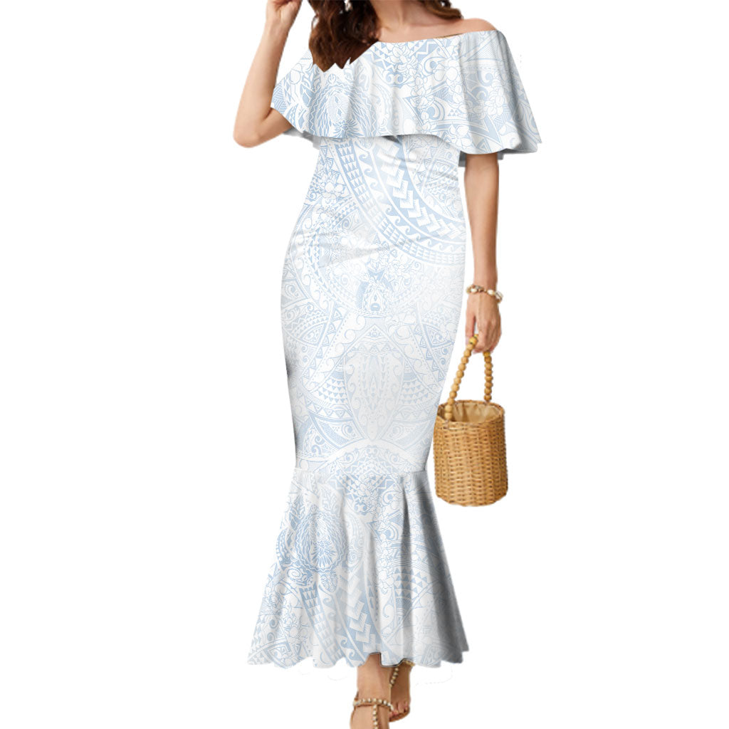 Hawaiian Turtles and Leis Family Matching Mermaid Dress and Hawaiian Shirt Tribal Kakau Pattern Airy White Blue Cloud Vibe LT03 Mom's Dress White - Polynesian Pride