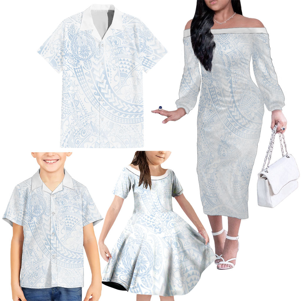 Hawaiian Turtles and Leis Family Matching Off The Shoulder Long Sleeve Dress and Hawaiian Shirt Tribal Kakau Pattern Airy White Blue Cloud Vibe LT03 - Polynesian Pride