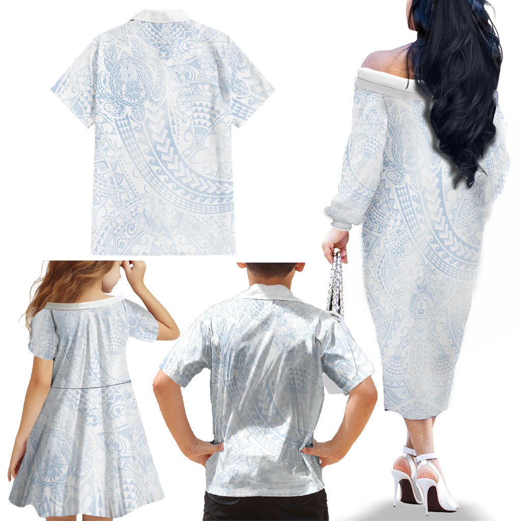 Hawaiian Turtles and Leis Family Matching Off The Shoulder Long Sleeve Dress and Hawaiian Shirt Tribal Kakau Pattern Airy White Blue Cloud Vibe LT03 - Polynesian Pride