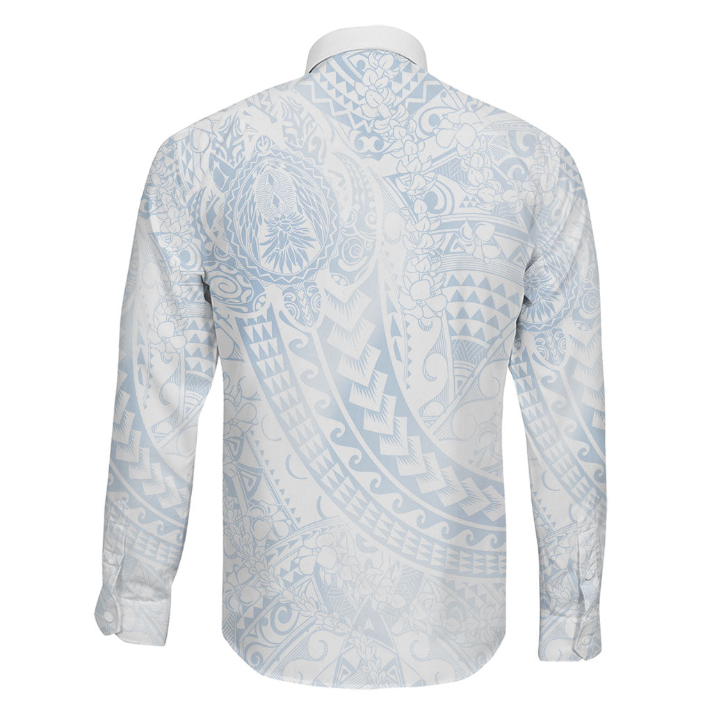Hawaiian Turtles and Leis Family Matching Off The Shoulder Long Sleeve Dress and Hawaiian Shirt Tribal Kakau Pattern Airy White Blue Cloud Vibe LT03 - Polynesian Pride