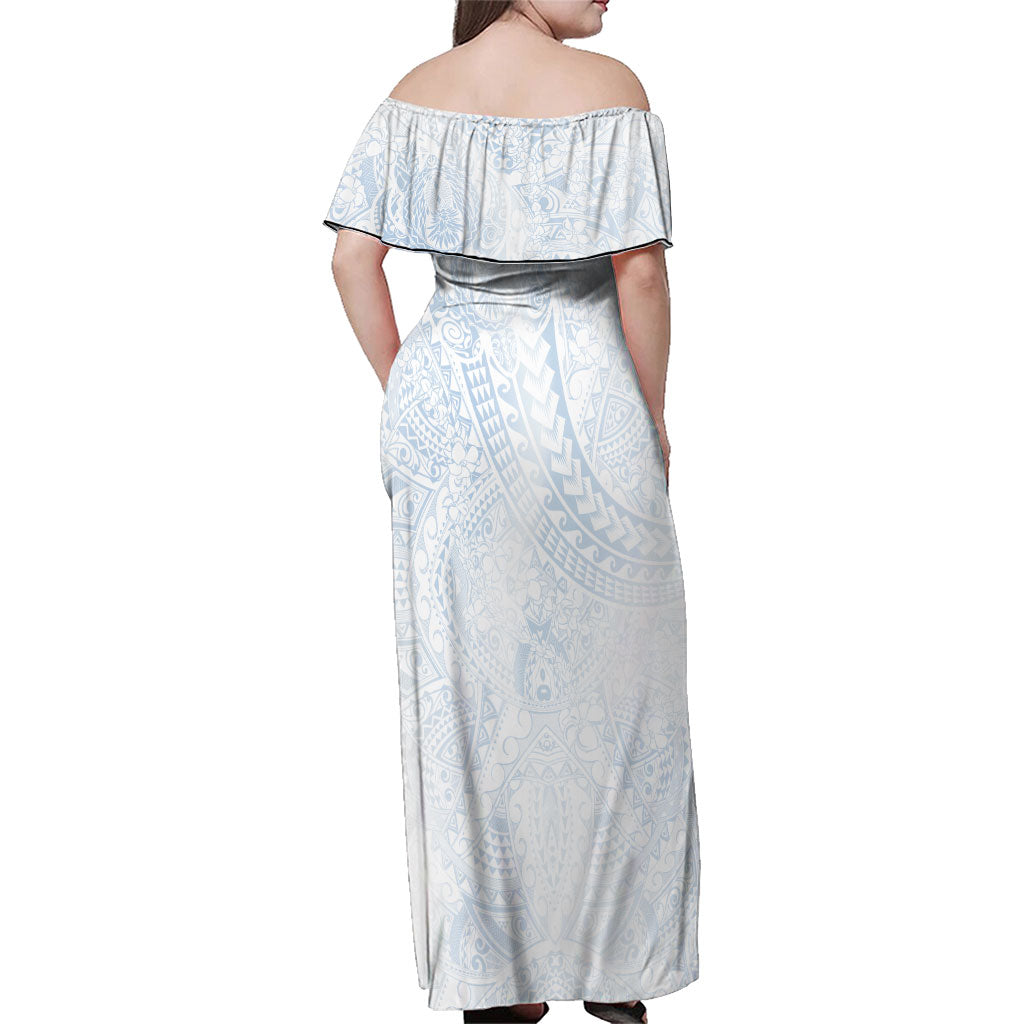 Hawaiian Turtles and Leis Family Matching Off Shoulder Maxi Dress and Hawaiian Shirt Tribal Kakau Pattern Airy White Blue Cloud Vibe LT03 - Polynesian Pride