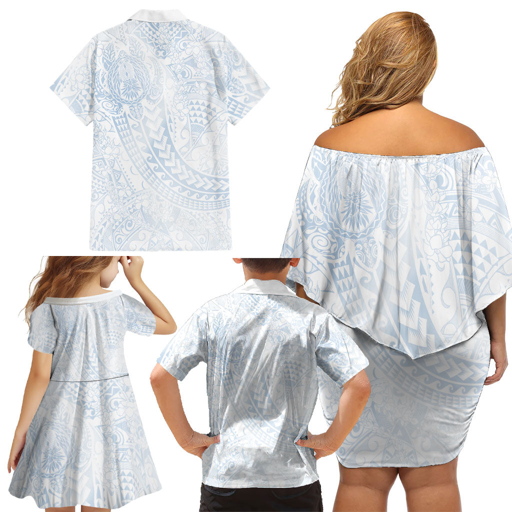 Hawaiian Turtles and Leis Family Matching Off Shoulder Short Dress and Hawaiian Shirt Tribal Kakau Pattern Airy White Blue Cloud Vibe LT03 - Polynesian Pride