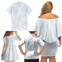 Hawaiian Turtles and Leis Family Matching Off Shoulder Short Dress and Hawaiian Shirt Tribal Kakau Pattern Airy White Blue Cloud Vibe LT03 - Polynesian Pride