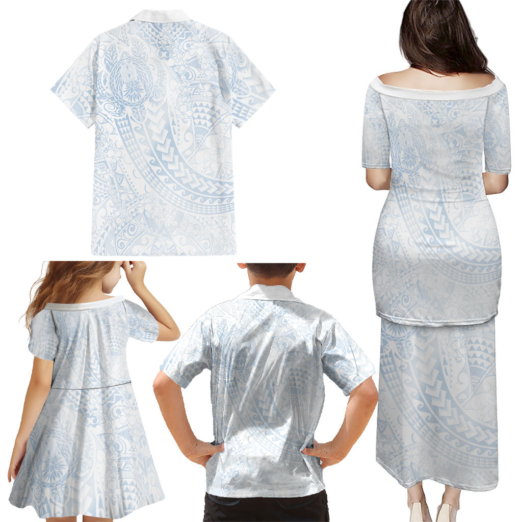 Hawaiian Turtles and Leis Family Matching Puletasi and Hawaiian Shirt Tribal Kakau Pattern Airy White Blue Cloud Vibe LT03 - Polynesian Pride