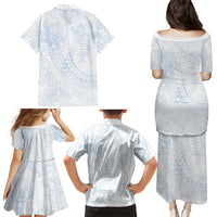 Hawaiian Turtles and Leis Family Matching Puletasi and Hawaiian Shirt Tribal Kakau Pattern Airy White Blue Cloud Vibe LT03 - Polynesian Pride