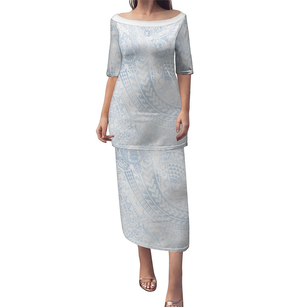 Hawaiian Turtles and Leis Family Matching Puletasi and Hawaiian Shirt Tribal Kakau Pattern Airy White Blue Cloud Vibe LT03 Mom's Dress White - Polynesian Pride
