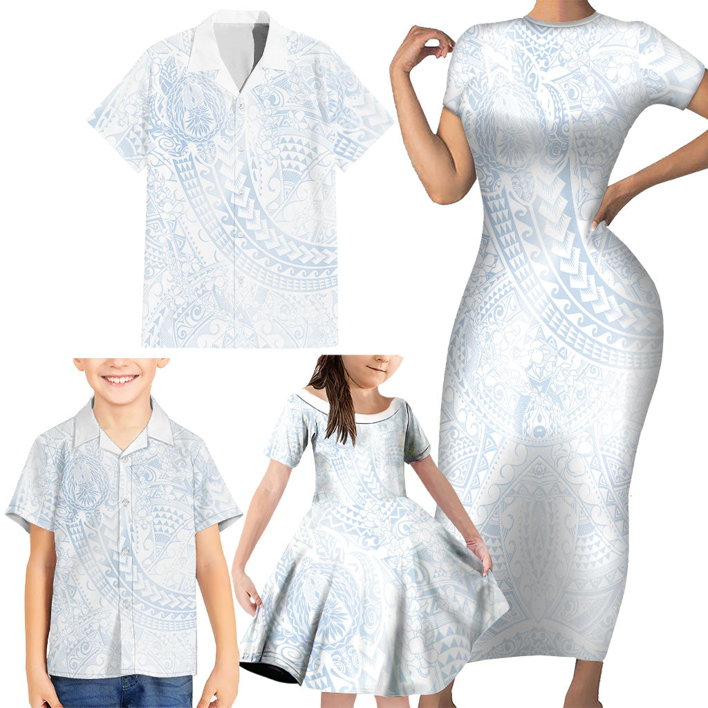 Hawaiian Turtles and Leis Family Matching Short Sleeve Bodycon Dress and Hawaiian Shirt Tribal Kakau Pattern Airy White Blue Cloud Vibe LT03 - Polynesian Pride
