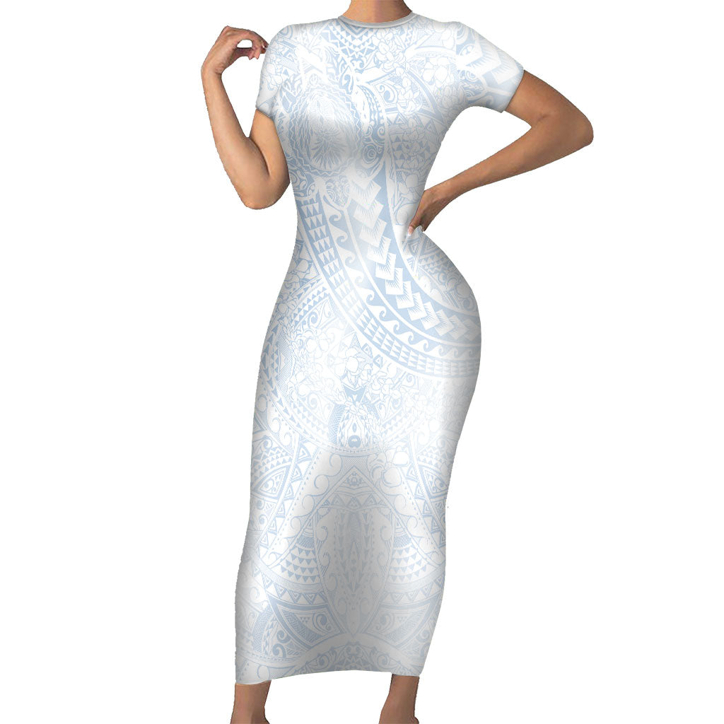 Hawaiian Turtles and Leis Family Matching Short Sleeve Bodycon Dress and Hawaiian Shirt Tribal Kakau Pattern Airy White Blue Cloud Vibe LT03 Mom's Dress White - Polynesian Pride