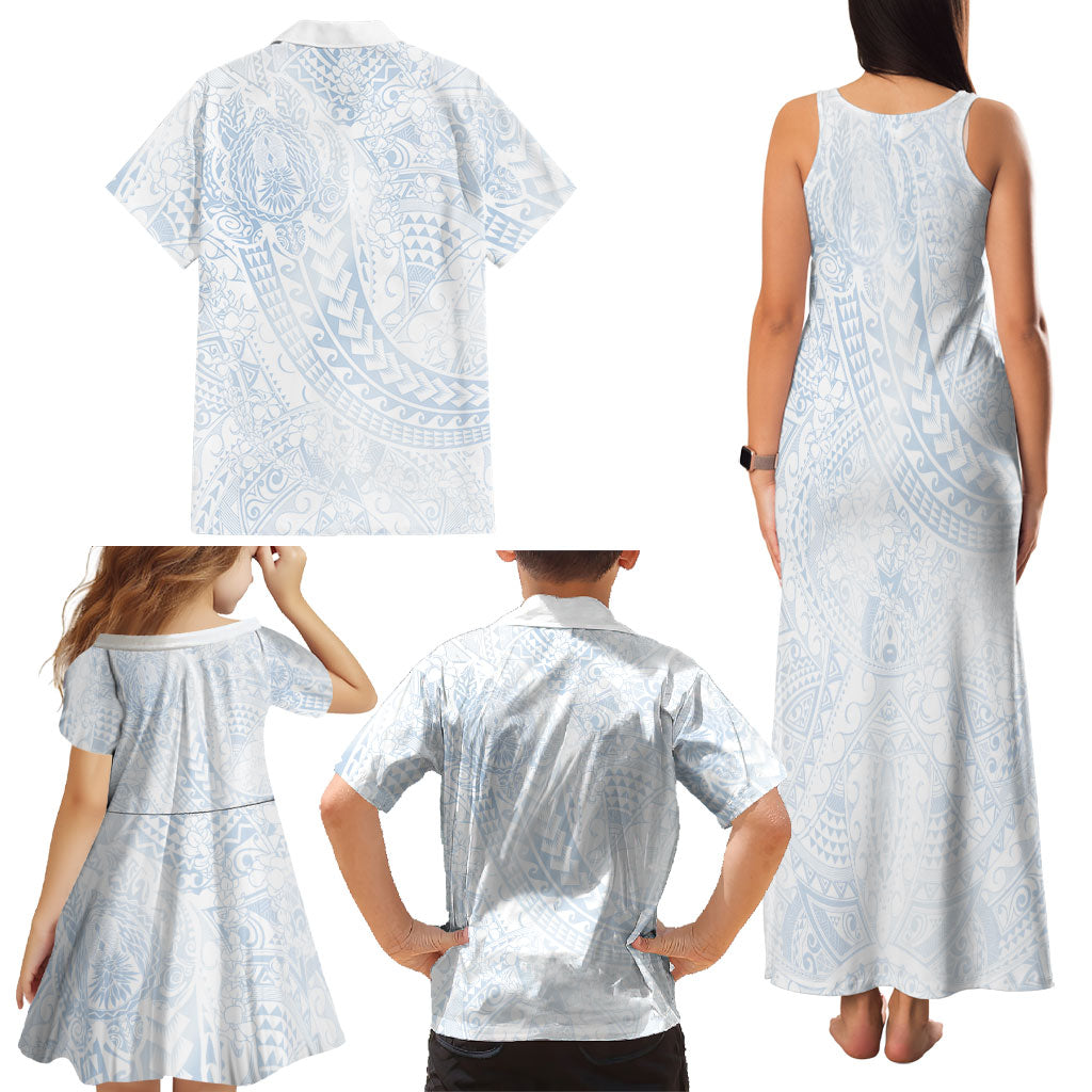 Hawaiian Turtles and Leis Family Matching Tank Maxi Dress and Hawaiian Shirt Tribal Kakau Pattern Airy White Blue Cloud Vibe LT03 - Polynesian Pride