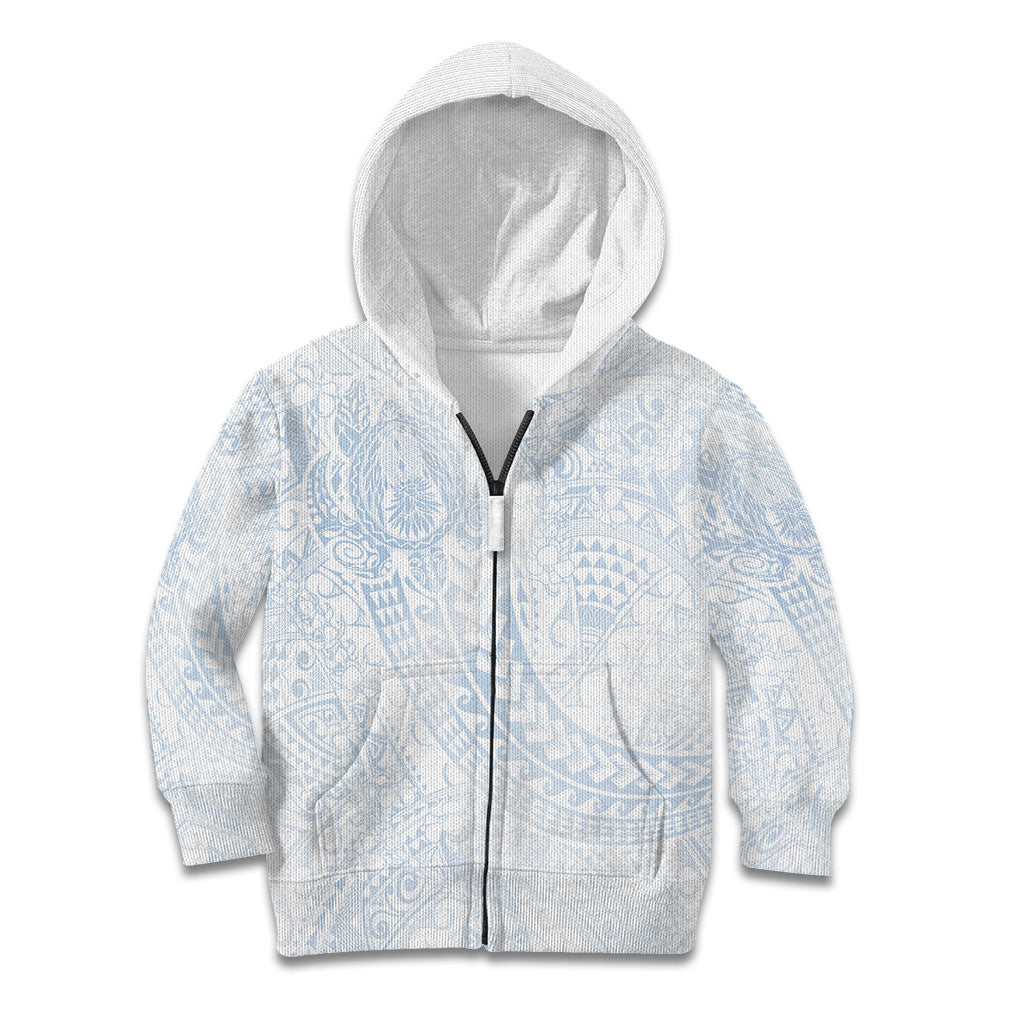 Hawaiian Turtles and Leis Kid Hoodie Tribal Kakau Pattern Airy White Blue Cloud Vibe LT03 Zip Hoodie White - Polynesian Pride