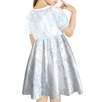 Hawaiian Turtles and Leis Kid Short Sleeve Dress Tribal Kakau Pattern Airy White Blue Cloud Vibe LT03 - Polynesian Pride