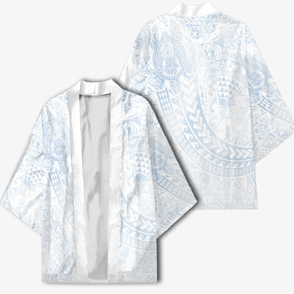 Hawaiian Turtles and Leis Kimono Tribal Kakau Pattern Airy White Blue Cloud Vibe LT03 - Polynesian Pride