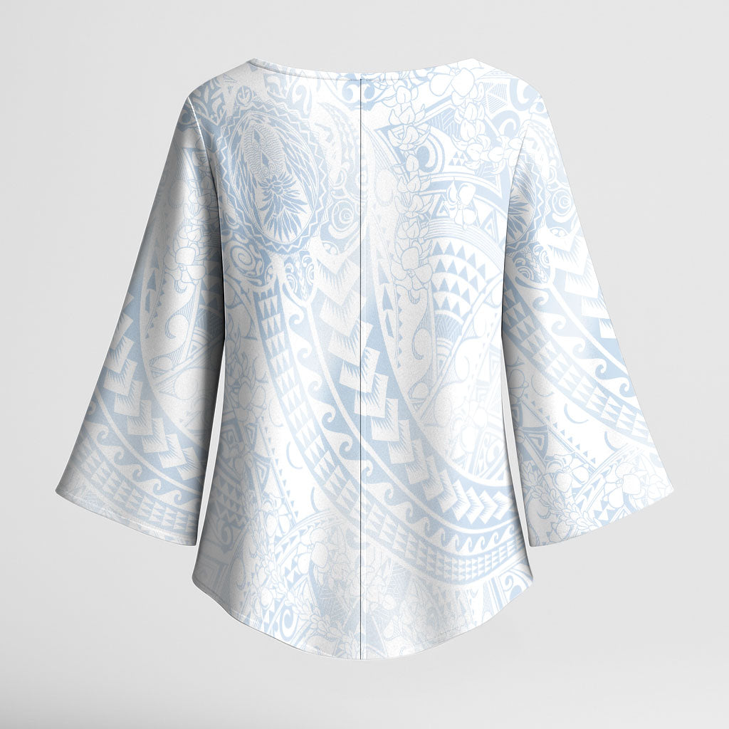 Hawaiian Turtles and Leis Kimono Sleeve Blouse Tribal Kakau Pattern Airy White Blue Cloud Vibe LT03 - Polynesian Pride