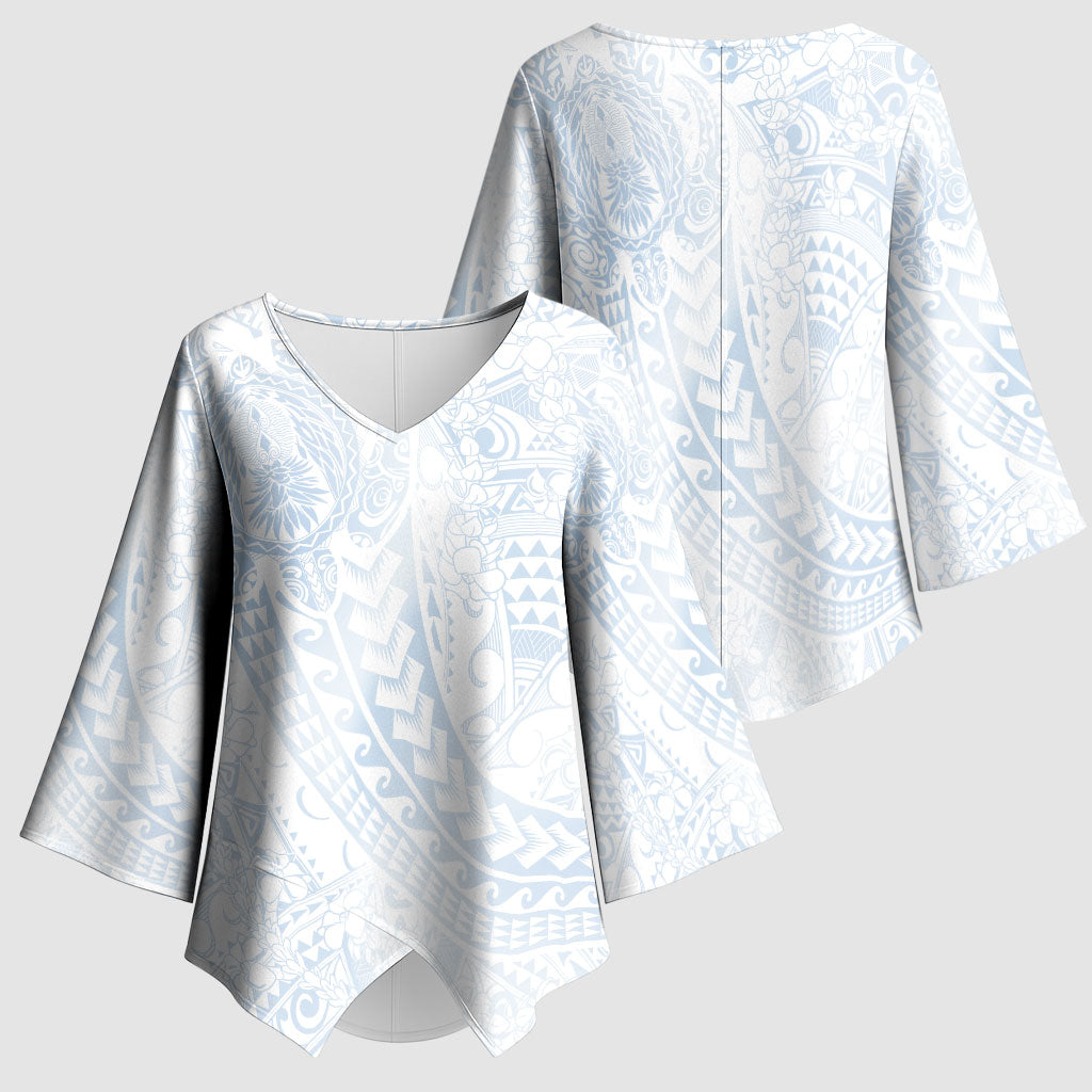 Hawaiian Turtles and Leis Kimono Sleeve Blouse Tribal Kakau Pattern Airy White Blue Cloud Vibe LT03 - Polynesian Pride