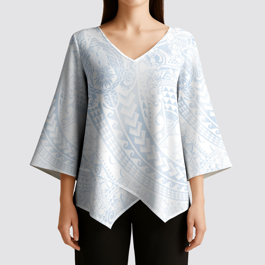 Hawaiian Turtles and Leis Kimono Sleeve Blouse Tribal Kakau Pattern Airy White Blue Cloud Vibe LT03 - Polynesian Pride