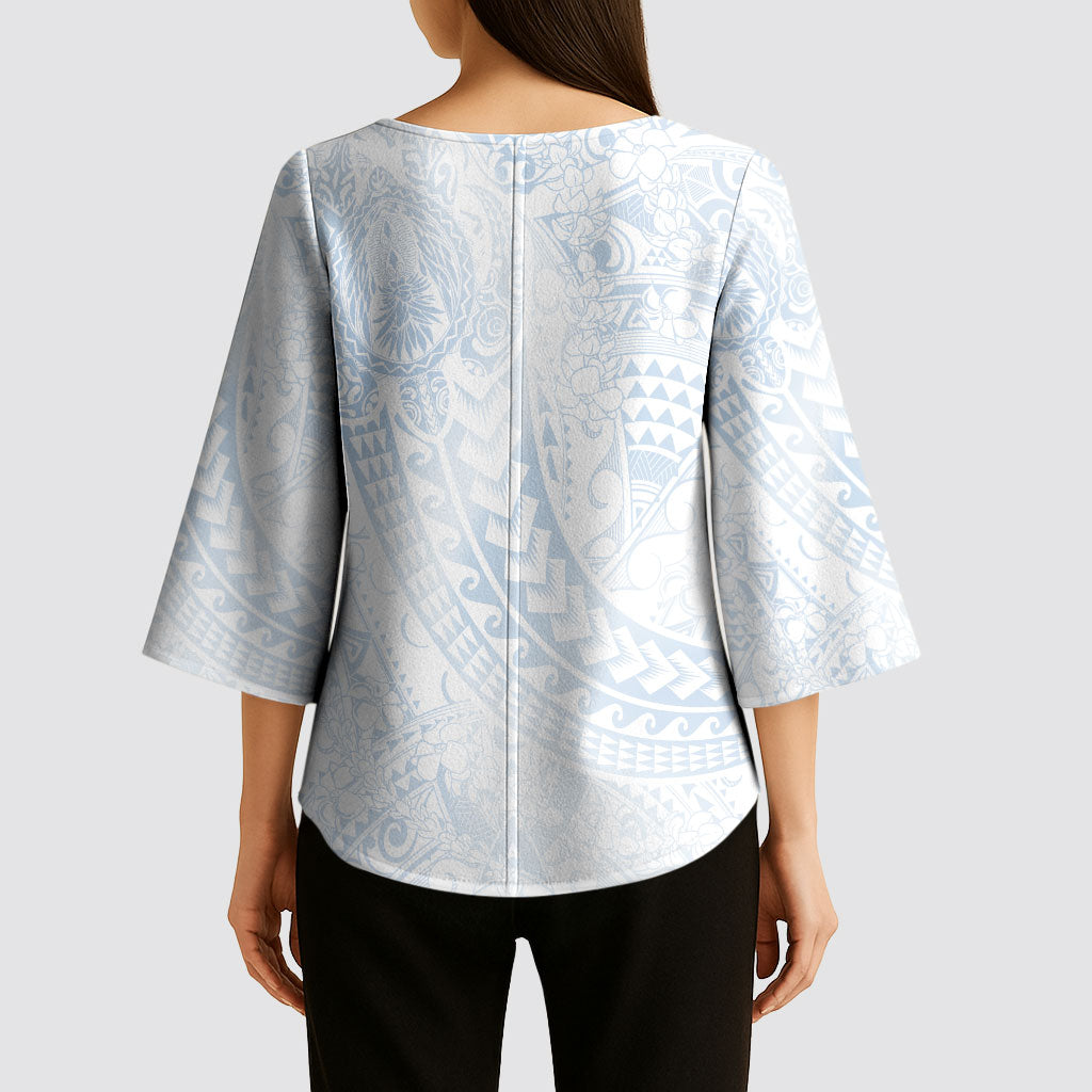 Hawaiian Turtles and Leis Kimono Sleeve Blouse Tribal Kakau Pattern Airy White Blue Cloud Vibe LT03 - Polynesian Pride