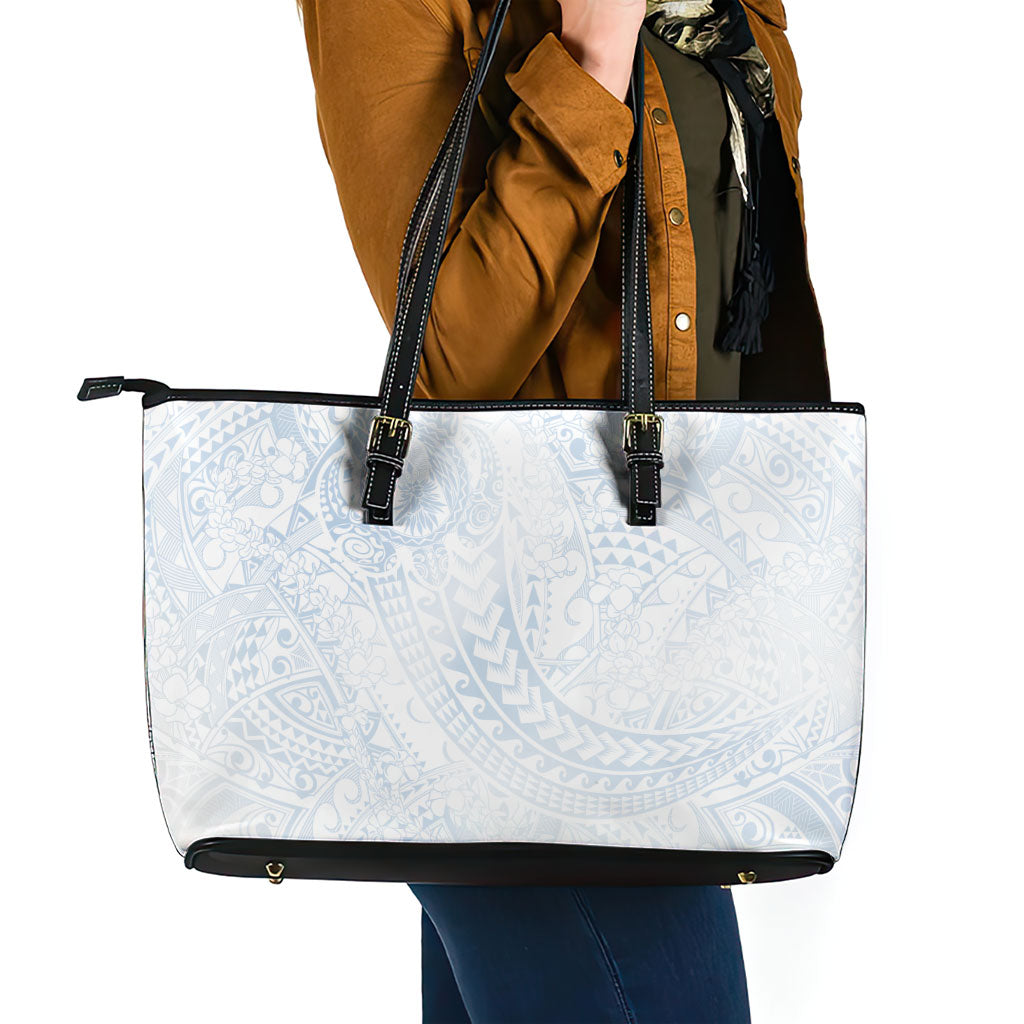Hawaiian Turtles and Leis Leather Tote Bag Tribal Kakau Pattern Airy White Blue Cloud Vibe LT03 - Polynesian Pride