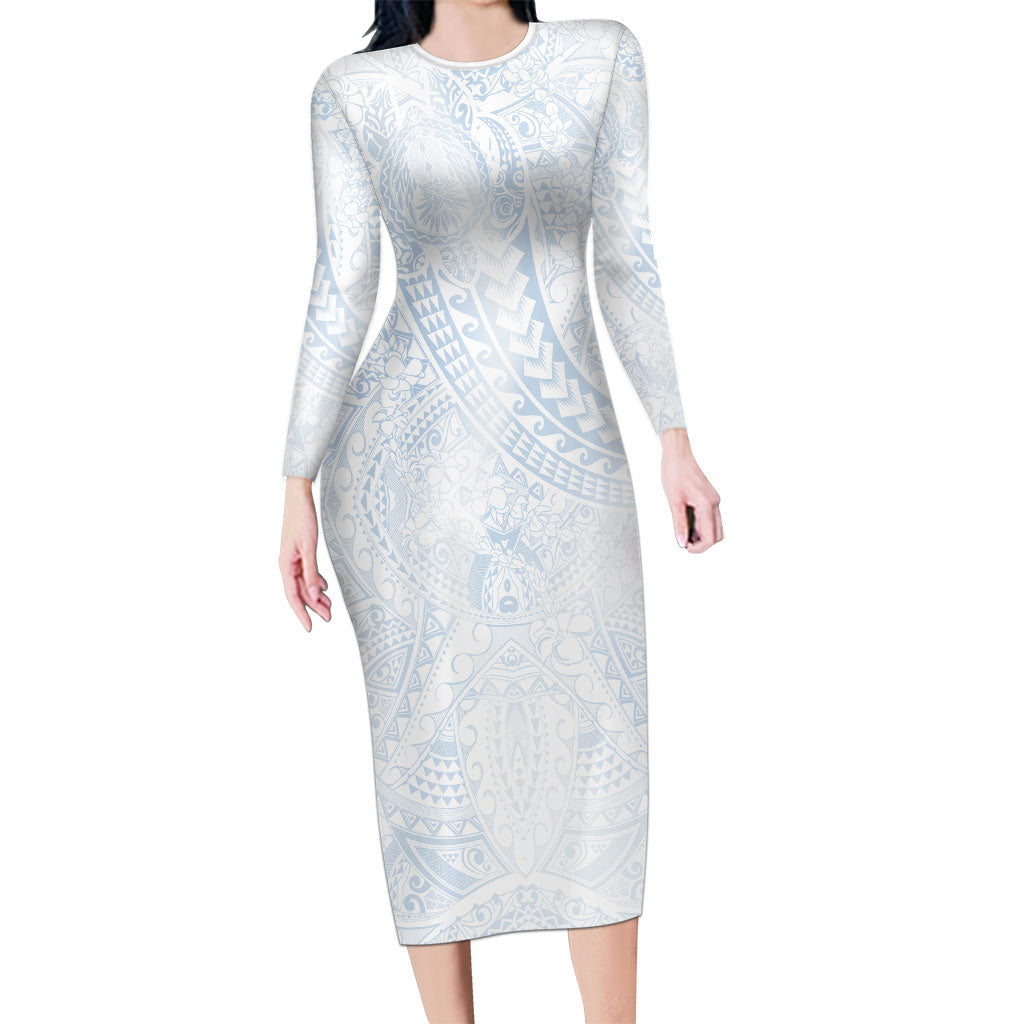 Hawaiian Turtles and Leis Long Sleeve Bodycon Dress Tribal Kakau Pattern Airy White Blue Cloud Vibe LT03 Long Dress White - Polynesian Pride