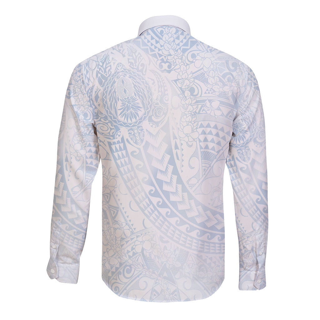 Hawaiian Turtles and Leis Long Sleeve Button Shirt Tribal Kakau Pattern Airy White Blue Cloud Vibe LT03 - Polynesian Pride