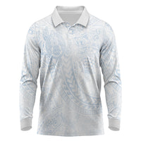 Hawaiian Turtles and Leis Long Sleeve Polo Shirt Tribal Kakau Pattern Airy White Blue Cloud Vibe LT03 White - Polynesian Pride