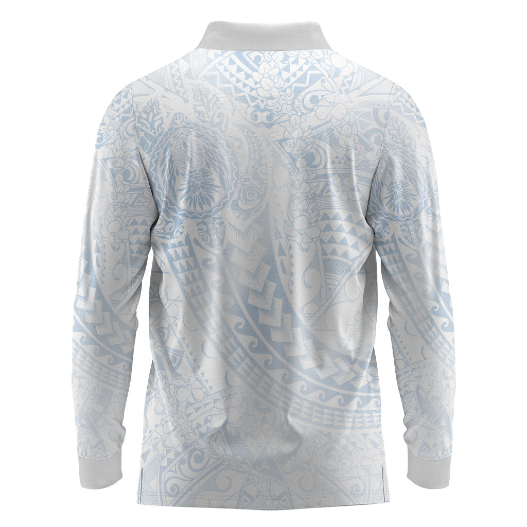 Hawaiian Turtles and Leis Long Sleeve Polo Shirt Tribal Kakau Pattern Airy White Blue Cloud Vibe LT03 - Polynesian Pride