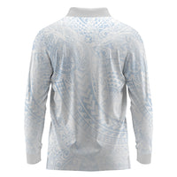 Hawaiian Turtles and Leis Long Sleeve Polo Shirt Tribal Kakau Pattern Airy White Blue Cloud Vibe LT03 - Polynesian Pride