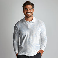 Hawaiian Turtles and Leis Long Sleeve Polo Shirt Tribal Kakau Pattern Airy White Blue Cloud Vibe LT03 - Polynesian Pride