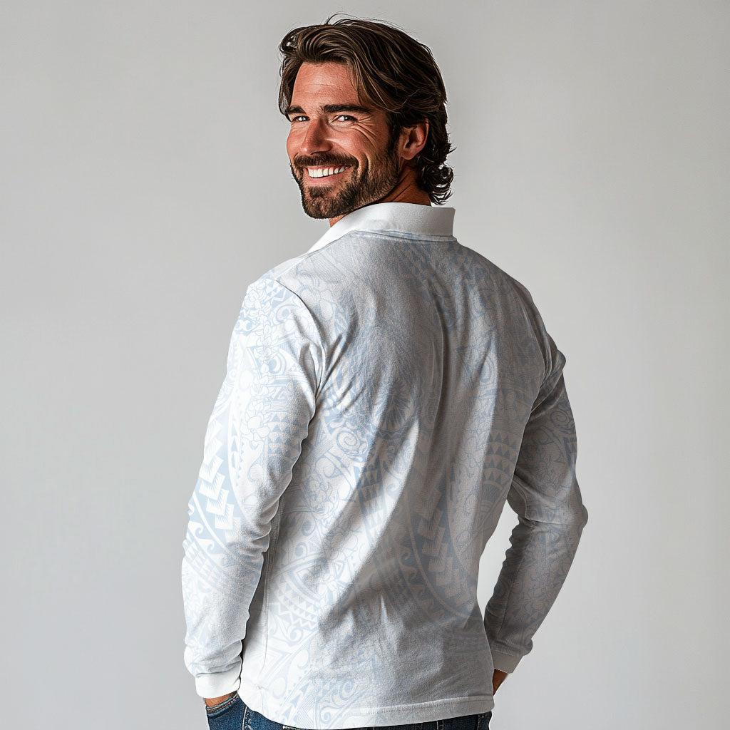 Hawaiian Turtles and Leis Long Sleeve Polo Shirt Tribal Kakau Pattern Airy White Blue Cloud Vibe LT03 - Polynesian Pride